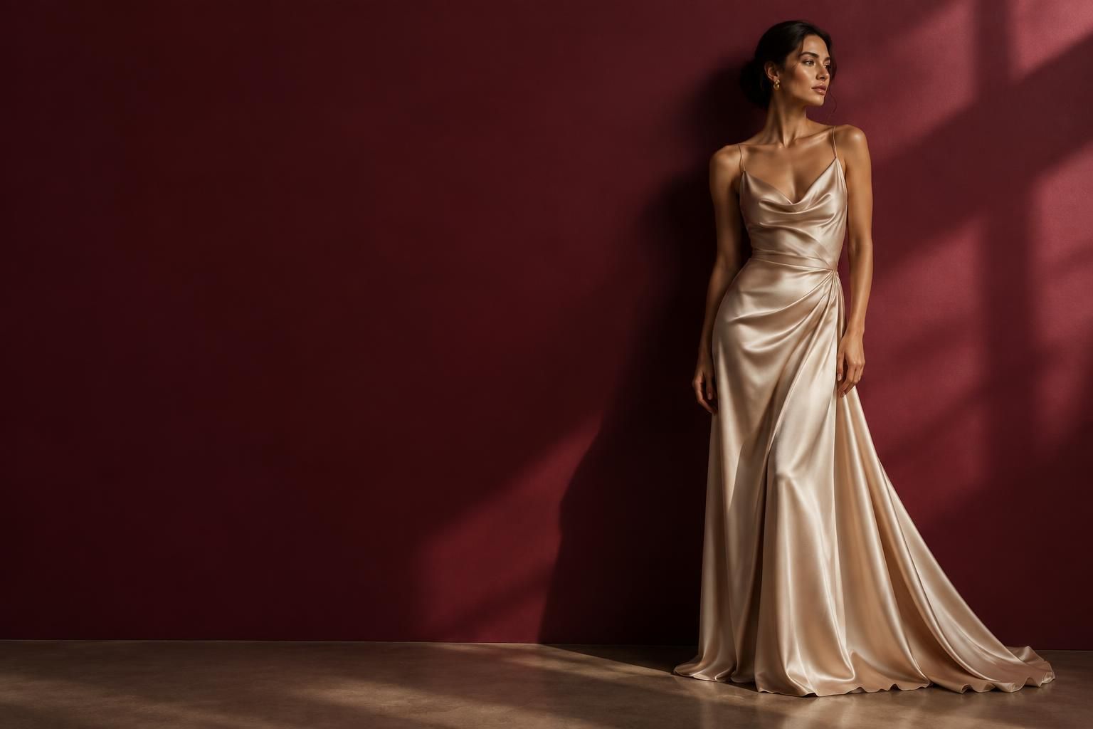 Editorial de moda com vestido champagne diante de cenário vinho